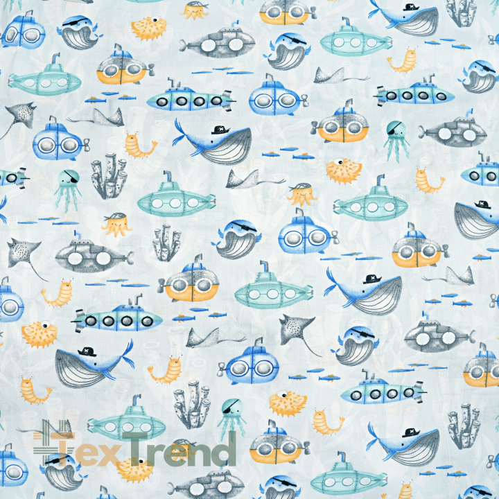 Baumwolle 100% maritimes Muster U-Boot gelb-blau auf blauem Hintergrund  