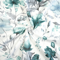 100% Baumwolle Mintgraue Blumen auf weißem Hintergrund