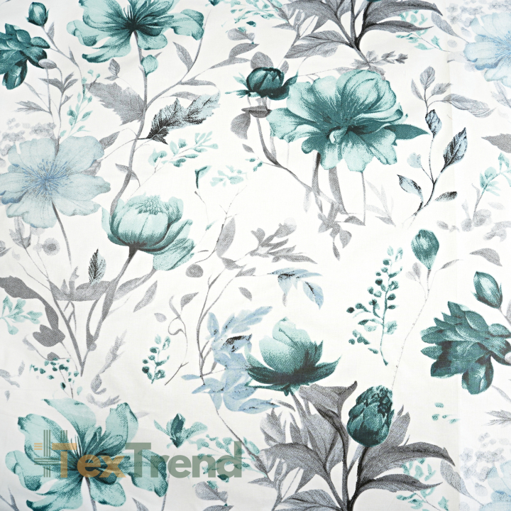100% Baumwolle Mintgraue Blumen auf weißem Hintergrund
