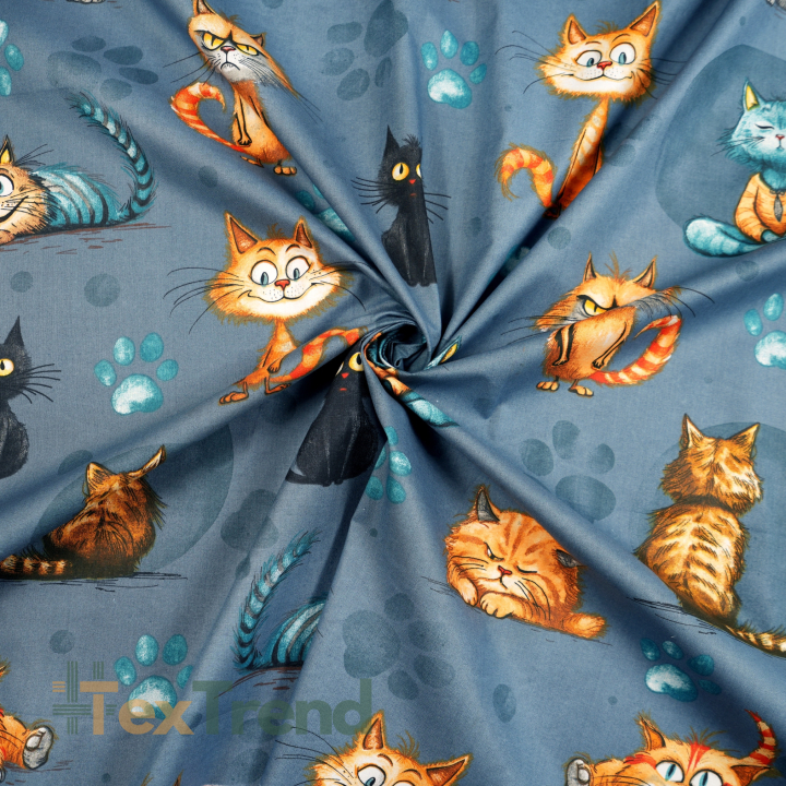 100% Baumwolle orange-rote Katzen auf jeansblauem Hintergrund