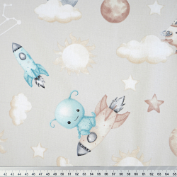 100% Baumwolle mit UFO-Motiv auf graubeigem Hintergrund