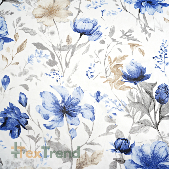 100% Baumwolle Blumen blau-beige auf weißem Hintergrund