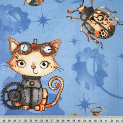 100% Baumwolle mit mechanischen Tieren auf blauem Hintergrund