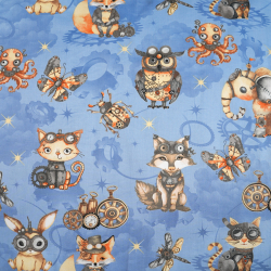100% Baumwolle mit mechanischen Tieren auf blauem Hintergrund