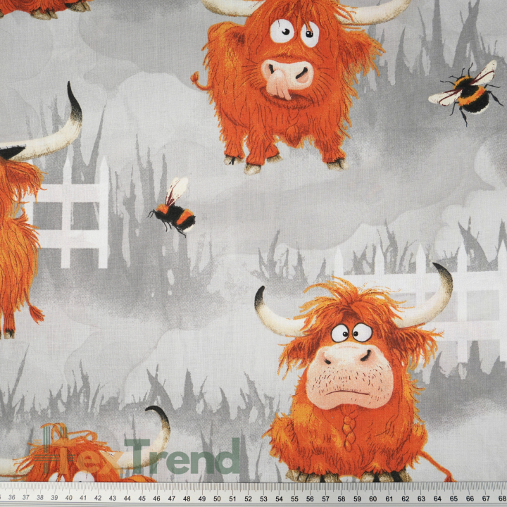 100% Baumwolle Tiere Kühe auf grauem Hintergrund