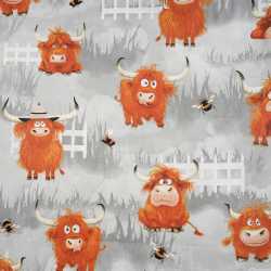 100% Baumwolle Tiere Kühe auf grauem Hintergrund