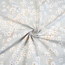 100% Baumwolle Japanische Kirschblüten Weiß auf Grauem Hintergrund