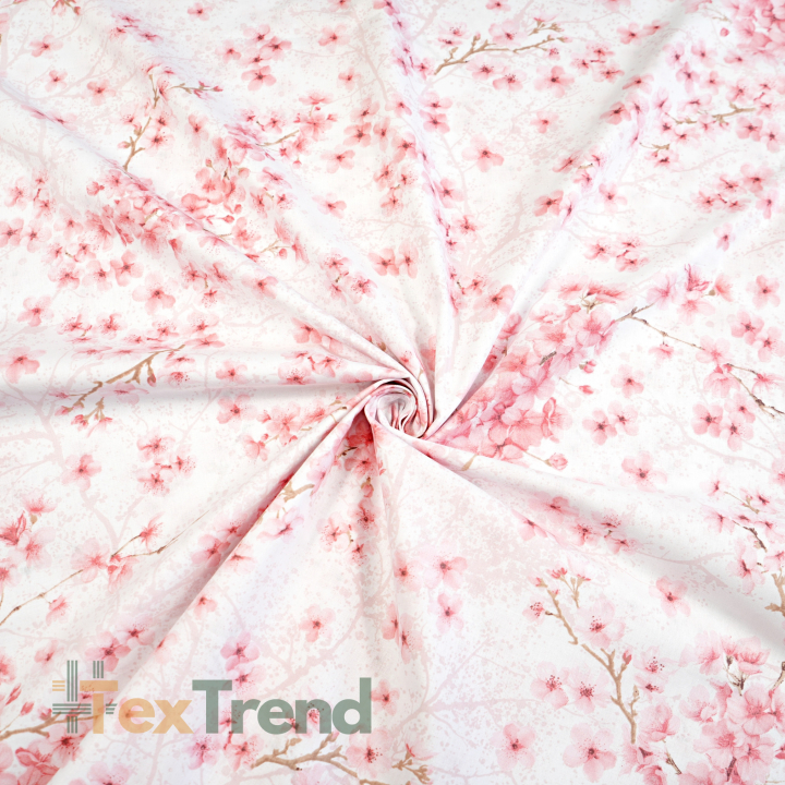 100% Baumwolle Japanische Kirschblüten Rosa auf weißem Hintergrund