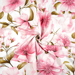 100% Baumwolle große rosa Apfelblüten auf weißem Hintergrund - 220 cm