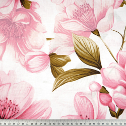 100% Baumwolle große rosa Apfelblüten auf weißem Hintergrund - 220 cm