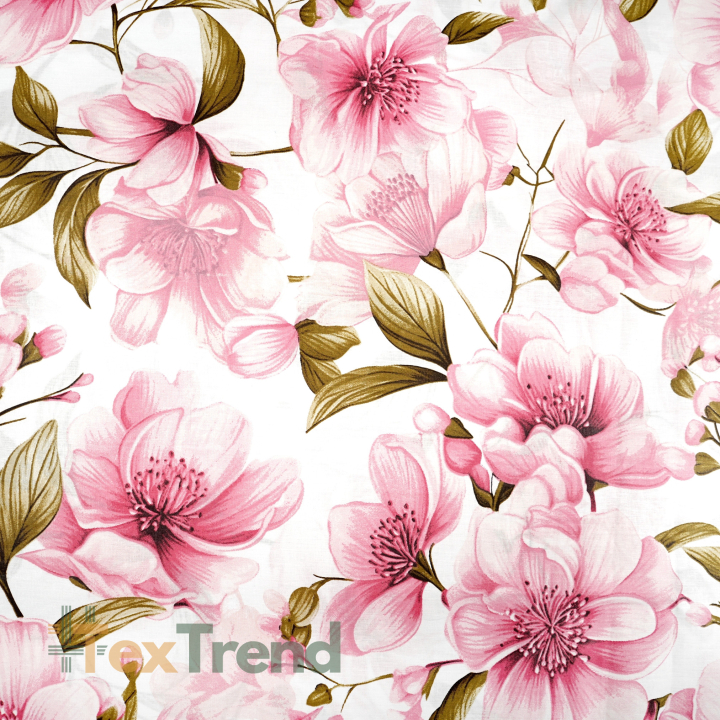 100% Baumwolle große rosa Apfelblüten auf weißem Hintergrund - 220 cm