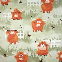 100% Baumwolle Tiere Kühe auf olivgrünem Hintergrund