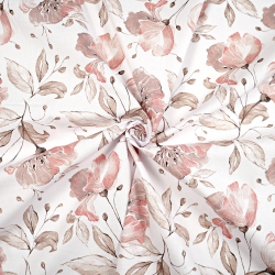 100% Baumwolle mit lachsfarbenen Blumen und braunen Blättern auf weißem Hintergrund