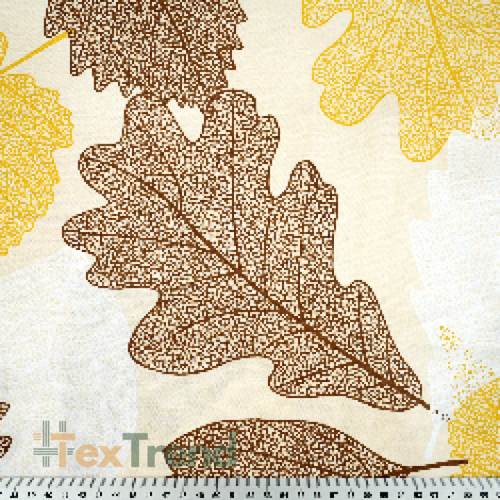 100% Baumwolle Herbstblätter gelb-braun auf ecrufarbenem Hintergrund - 220 cm