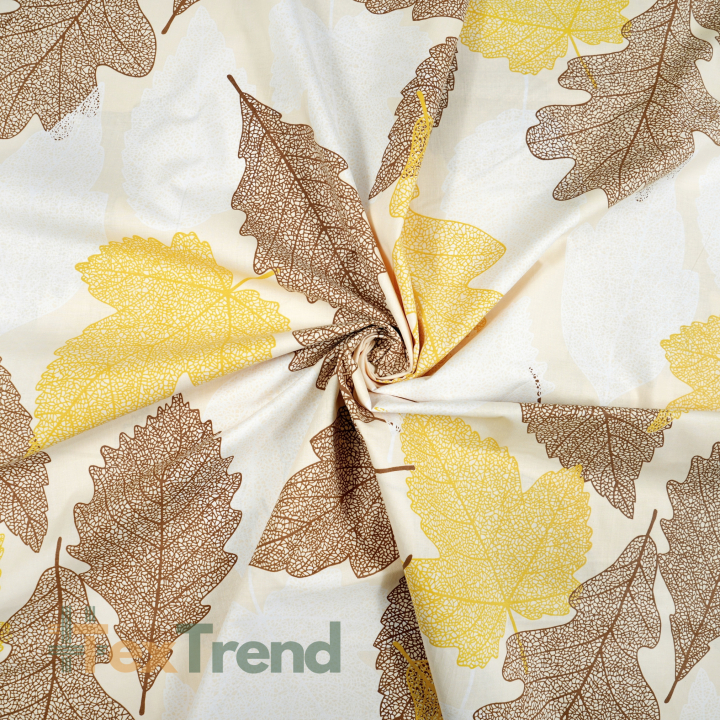 100% Baumwolle Herbstblätter gelb-braun auf ecrufarbenem Hintergrund - 220 cm