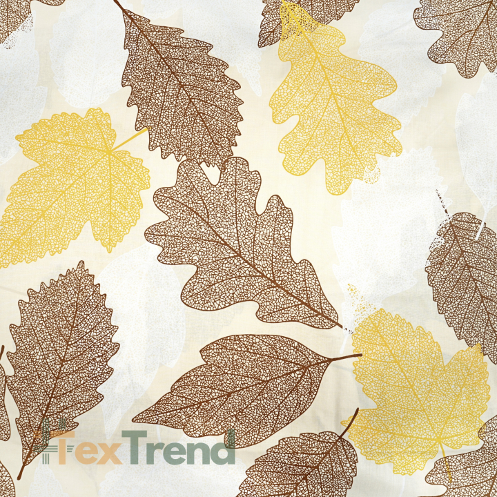100% Baumwolle Herbstblätter gelb-braun auf ecrufarbenem Hintergrund - 220 cm