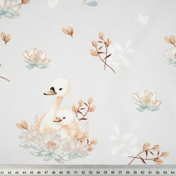 100% Baumwolle Schwäne in Lilien auf grauem Hintergrund