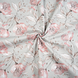 100% Baumwolle mit lachsfarbenen Blumen und braunen Blättern auf grauem Hintergrund
