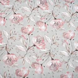 100% Baumwolle mit lachsfarbenen Blumen und braunen Blättern auf grauem Hintergrund