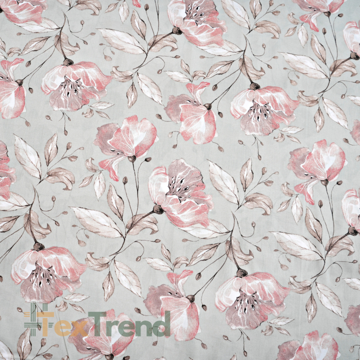 100% Baumwolle mit lachsfarbenen Blumen und braunen Blättern auf grauem Hintergrund
