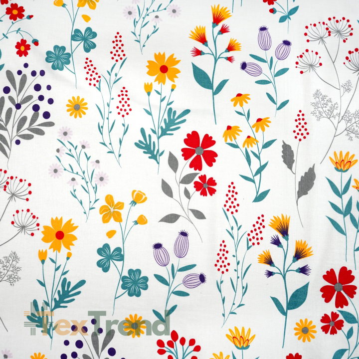 100% Baumwolle bunte Blumenwiese auf weißem Hintergrund