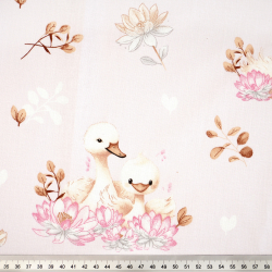 100% Baumwolle Schwäne in Lilien auf rosa Hintergrund