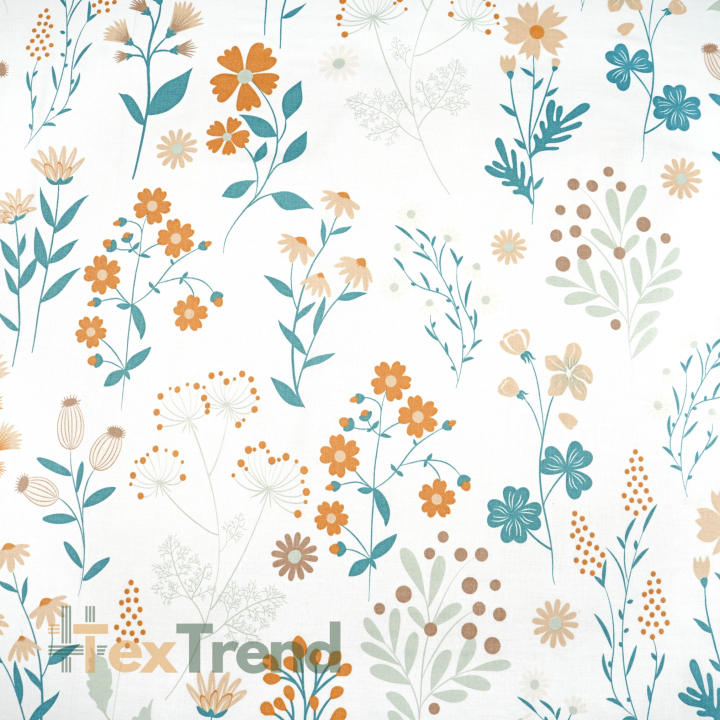 100% Baumwolle blumige Wiese beige auf weißem Hintergrund