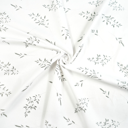 100% Baumwolle mit grauen Blättern und Zweigen auf weißem Hintergrund