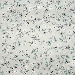 100% Baumwolle mit Blumen auf Salbeizweigen auf hellgrauem Hintergrund