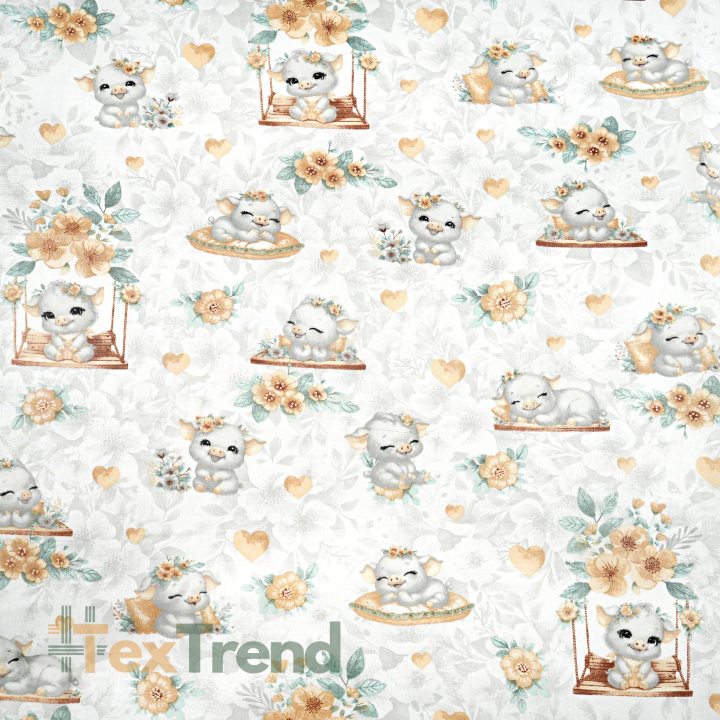 100% Baumwolle mit grauen und beigen Tiermotiven