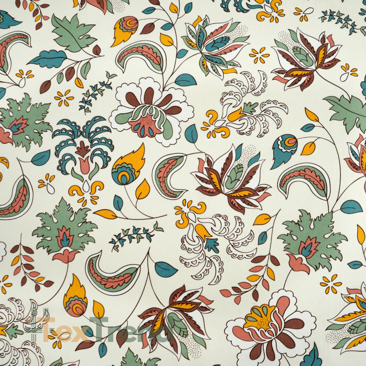 100% Baumwolle türkisches Blumenmuster auf ecrufarbenem Hintergrund