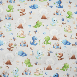 100% Baumwolle Dinosaurier blau-grün mit Vulkan auf grauem Hintergrund