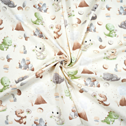 100% Baumwolle Dinosaurier grün-braun mit Vulkan auf ecrufarbenem Hintergrund