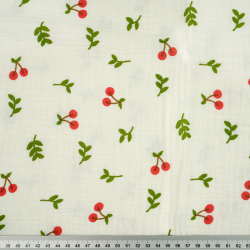 Doppel-Gaze bedruckt mit Kirschen auf ecrufarbenem Hintergrund