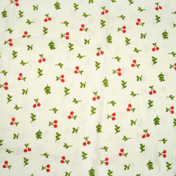 Doppel-Gaze bedruckt mit Kirschen auf ecrufarbenem Hintergrund