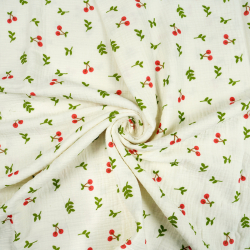 Doppel-Gaze bedruckt mit Kirschen auf ecrufarbenem Hintergrund