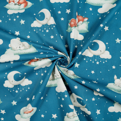 100% Baumwolle mit schlafenden Tieren auf blauen Hintergrund