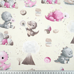 100% Baumwolle Dinosaurier rosa-grau mit Vulkan auf ecrufarbenem Hintergrund