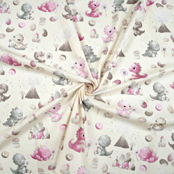 100% Baumwolle Dinosaurier rosa-grau mit Vulkan auf ecrufarbenem Hintergrund