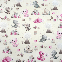 100% Baumwolle Dinosaurier rosa-grau mit Vulkan auf ecrufarbenem Hintergrund