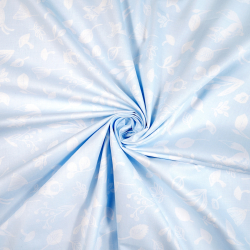 100% Baumwolle mit weißen Tieren auf blauem Hintergrund