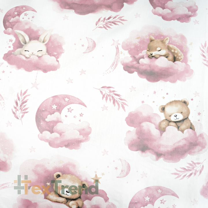 100% Baumwolle große Bären und Tiere auf rosa Wolken