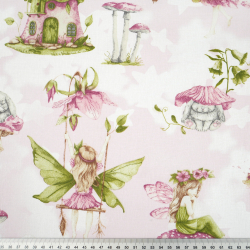 100% Baumwolle mit rosa Elfenmuster auf Schaukeln auf hellrosa Hintergrund