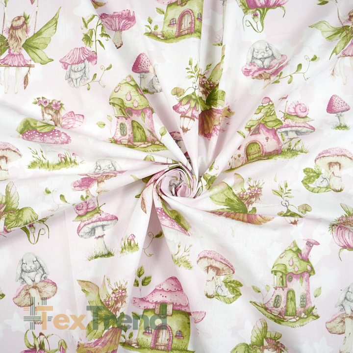100% Baumwolle mit rosa Elfenmuster auf Schaukeln auf hellrosa Hintergrund