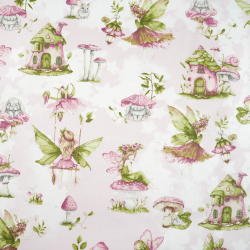 100% Baumwolle mit rosa Elfenmuster auf Schaukeln auf hellrosa Hintergrund