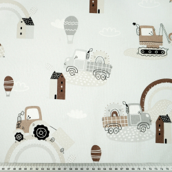 100% Baumwolle Bagger mit Regenbogen in Braun-Beige auf hellgrauem Hintergrund