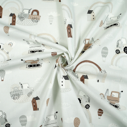 100% Baumwolle Bagger mit Regenbogen in Braun-Beige auf hellgrauem Hintergrund