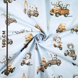 100% Baumwolle mit Tieren auf braunen Rollern auf blauem Hintergrund