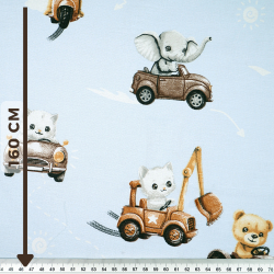 100% Baumwolle mit Tieren auf braunen Rollern auf blauem Hintergrund