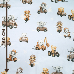 100% Baumwolle mit Tieren auf braunen Rollern auf blauem Hintergrund